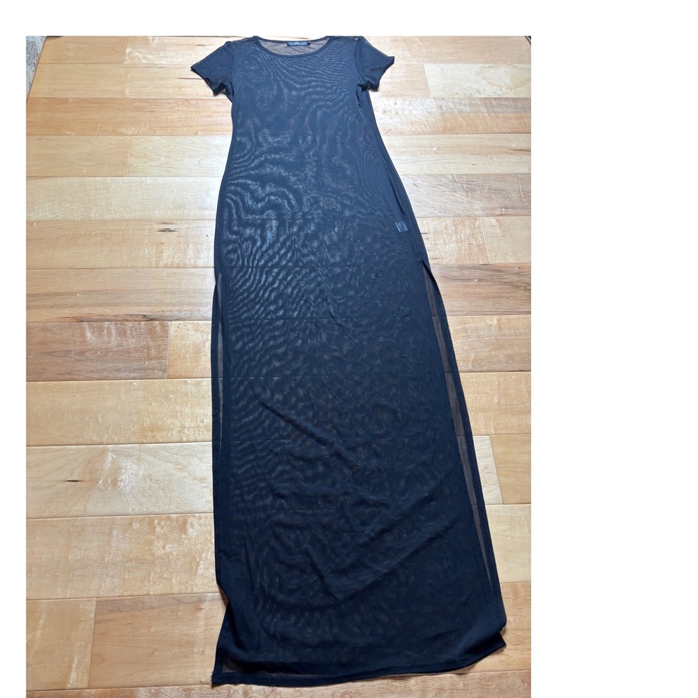 Millau Maxi Dress Women M Black Sheer Mesh Short Sleeve Side Slit Cover Up